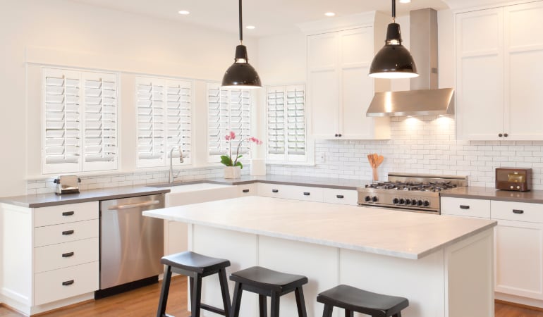 Plantation shutters in a bright Salt Lake City kitchen.